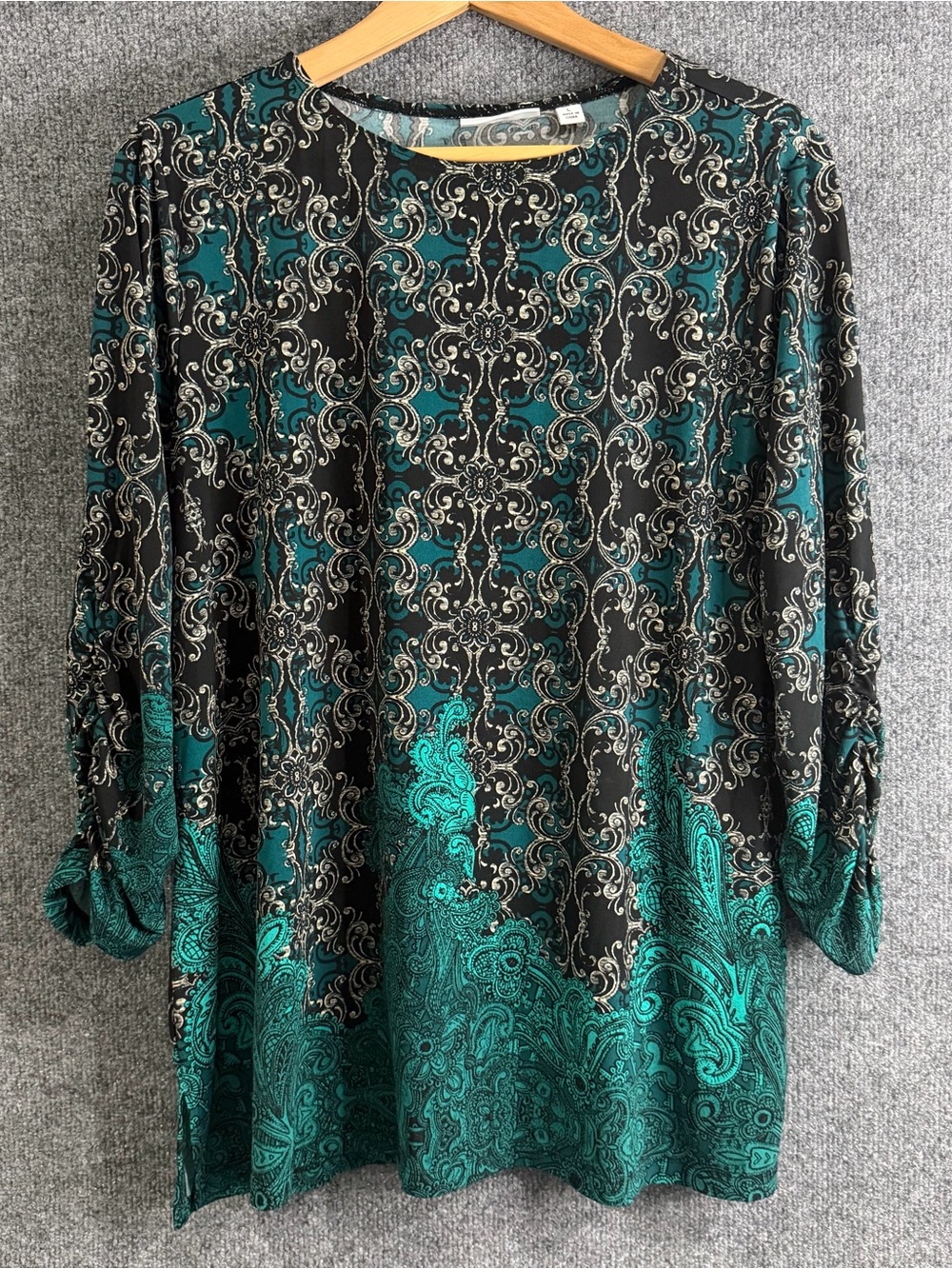 Susan Graver Large Liquid Knit Teal Black Paisley Scroll Print Tunic Top Blouse
